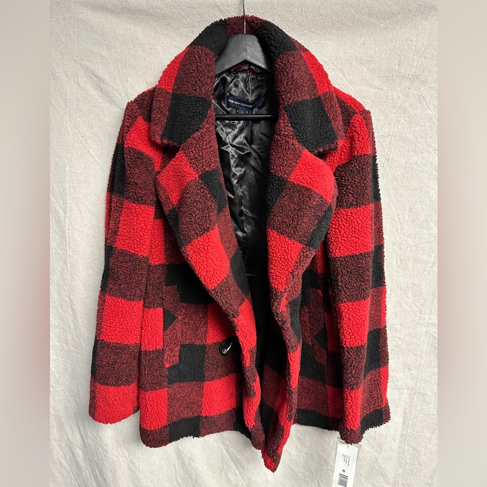 French Connection Vegan Fur Buffalo Check Coat women’s Large NWT